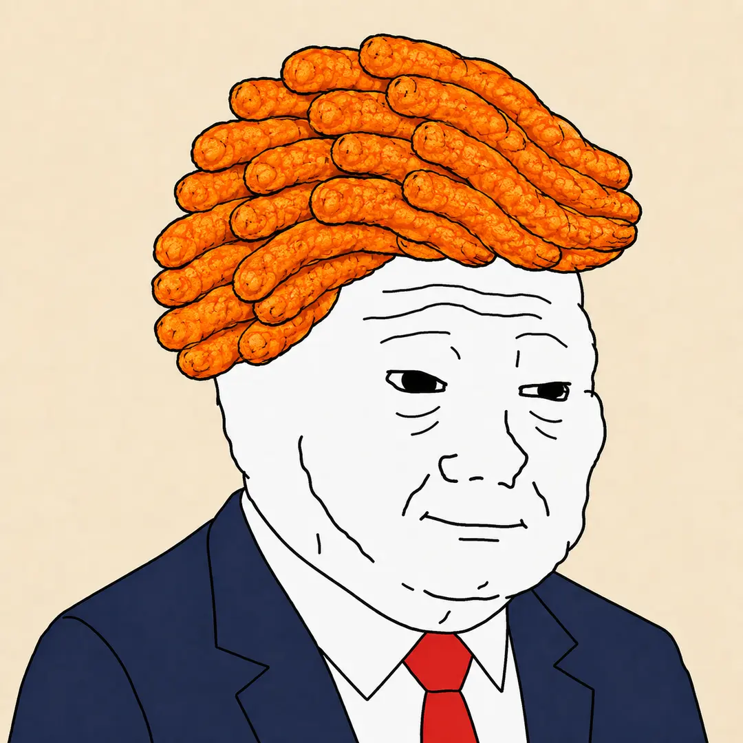 Hand-drawn Trump Wojak with a huge hairstyle made from orange cheese curls
